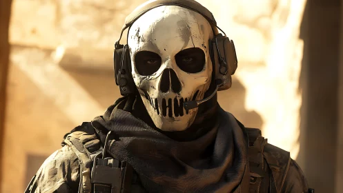 Tactical operator in skull mask with headset in warm key lighting