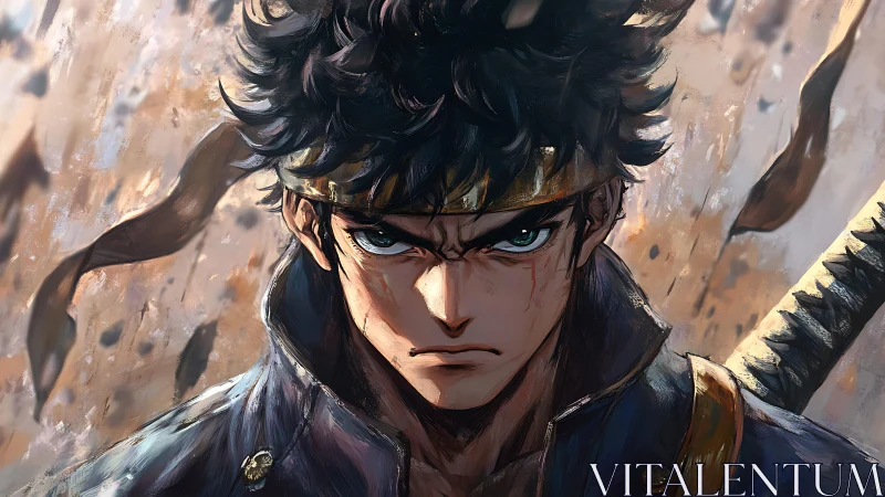 Dark haired anime swordsman with headband in close focus.
