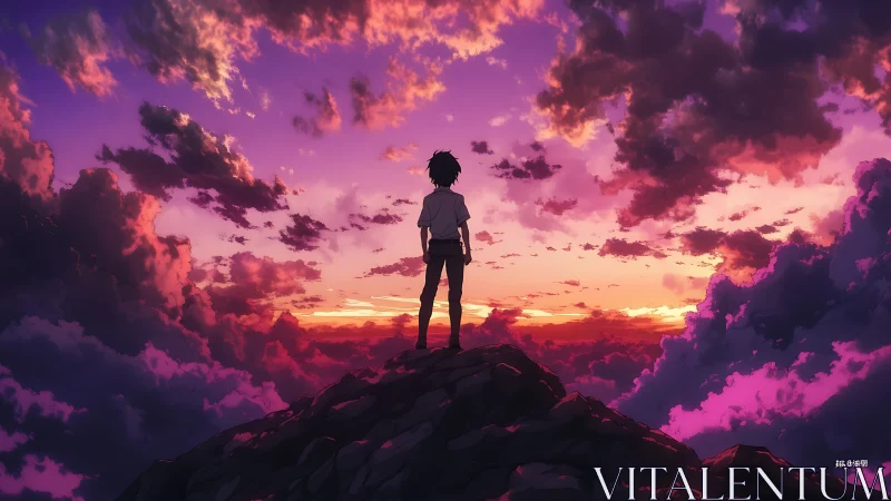 Silhouetted figure on rocky peak under vivid sunset sky.