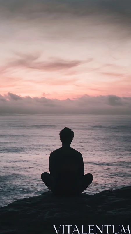 Silhouette meditates by ocean under pastel dawn sky.