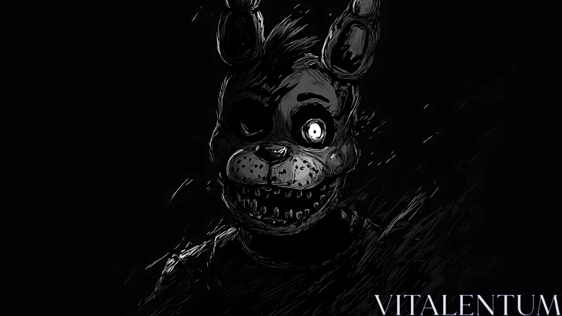 Dark horror rabbit animatronic portrait in black void.
