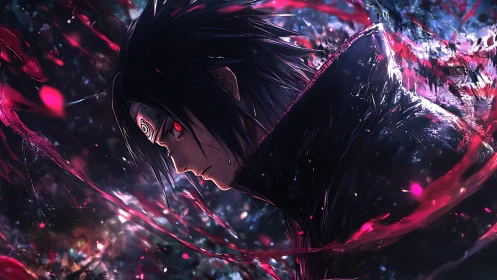 Brooding anime warrior wrapped in swirling crimson light.