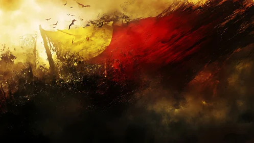 War-torn crimson banner in golden storm-swept battlefield sky.