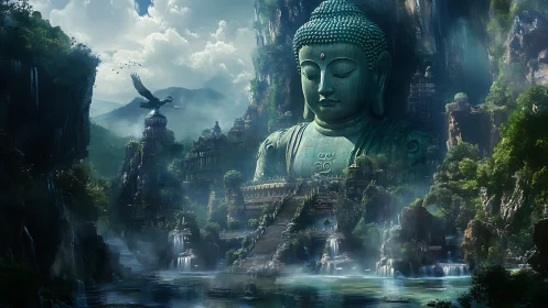 Colossal jade Buddha dominates mist-laden terraced waterfall valley