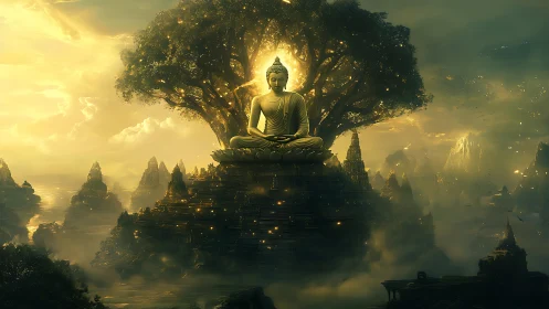 Digital painting of luminous Buddha shrine in misted valley.