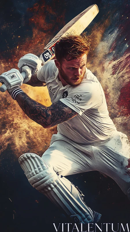 Cricket warrior swings through a storm of cinematic sparks.