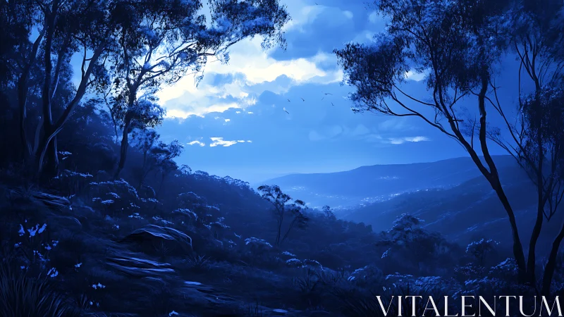 Moonlit blue valley forest under layered cloud sky.