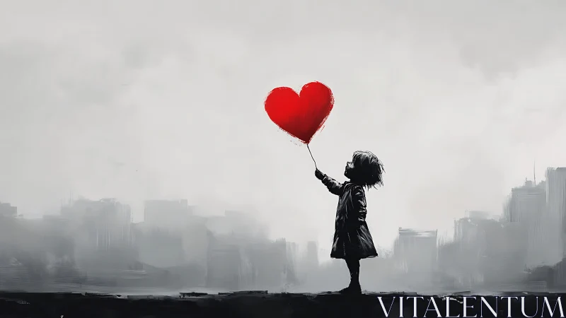 Silhouetted figure holds red heart-shaped object against urban skyline.