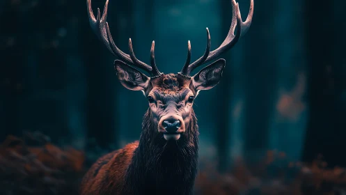 Stag stands alert under teal forest glow at dusk.