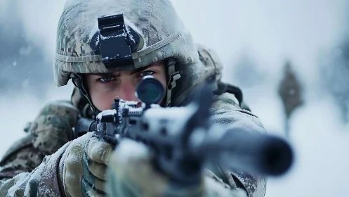 Soldier in Winter Combat - Armed and Ready in Blizzard Conditions
