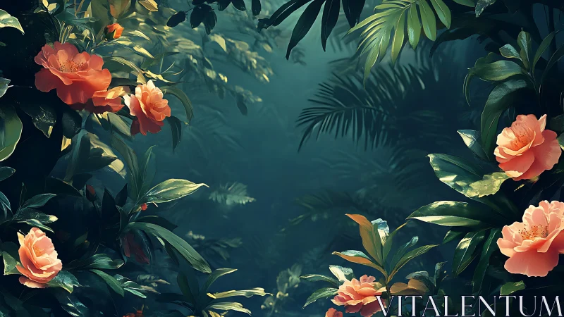 Coral Garden Sanctuary: Luminous Roses Beneath Verdant Canopy.