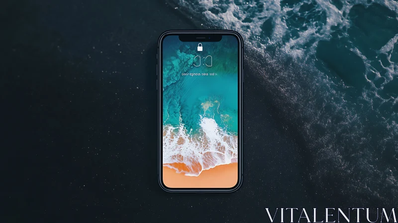 Locked Smartphone Against Turquoise Coastal Waves.
