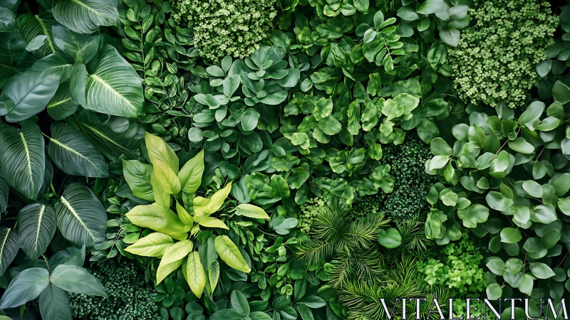 Lush vertical plant wall with layered emerald foliage textures.
