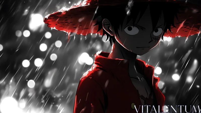 Cinematic anime portrait in high-contrast rain lighting study.