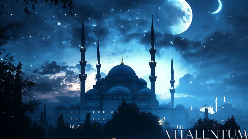 Moonlit mosque skyline beneath star-swept indigo heavens.