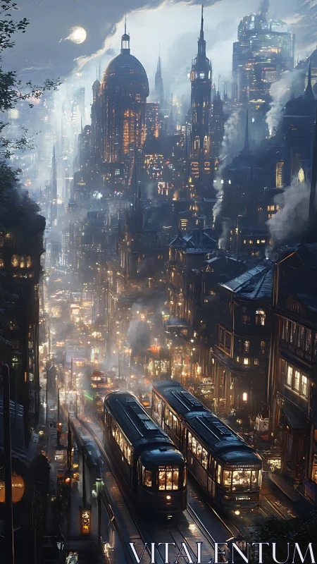 Noir steampunk cityscape with trams under moonlit fog.