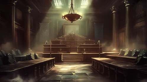 Digital painting of grand neoclassical courtroom interior.