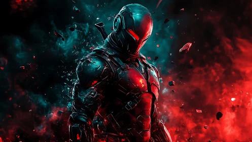 Midnight cyber warrior strides through shattering neon storm