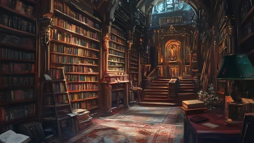 Golden light pours through a grand, story-filled library