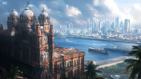 Historic riverside structure contrasts with modern skyline