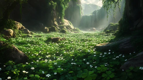 Lush forest clearing carpeted in clover and white flowers.