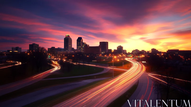 Glowing city skyline welcomes the evening with streaming lights