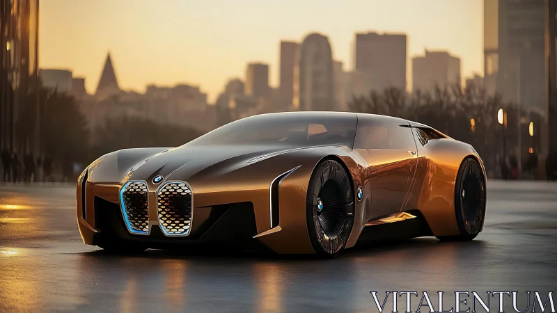 Sunlit bronze supercar prowls a glassy futuristic city street.