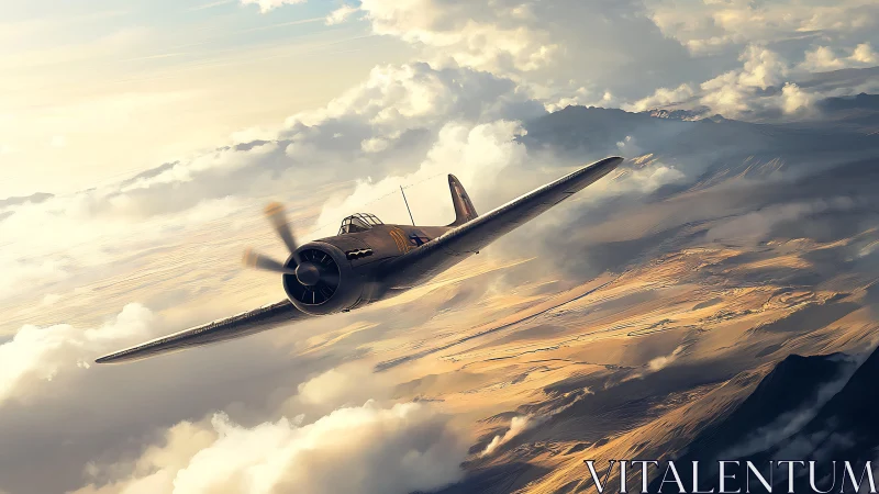 Storm-chasing warbird slices sunlit clouds above desert