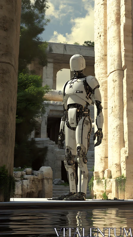 Solitary robot surveys sunlit ancient ruins in quiet reflection