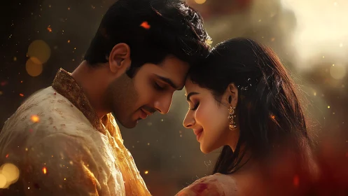 Intimate couple portrait with golden bokeh and radiant lighting effects.