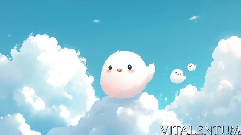 Cute fluffy cloud creatures floating in bright blue sky.