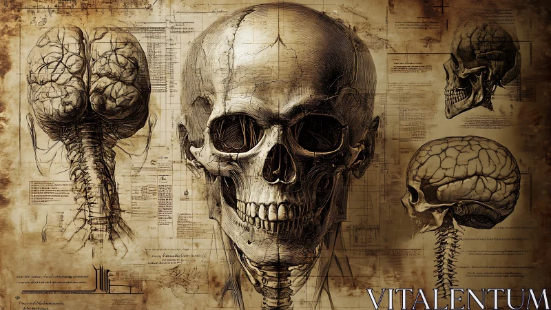 Anatomical skull atlas in sepia inked gothic precision.
