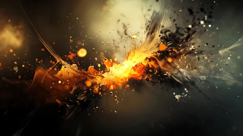 Kinetic inferno burst with luminous particles in motion.