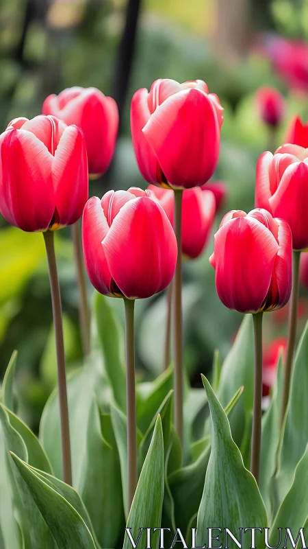 Brilliant red tulips reach toward the sunlight in a garden