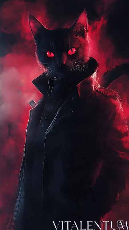 Anthropomorphic black cat in trench coat amid red nebula glow