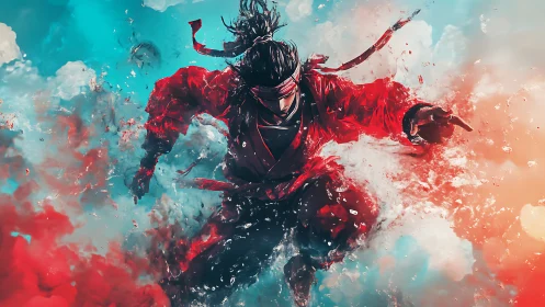 Storm-running warrior leaping through painted clouds.