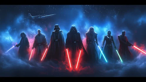 Sith warriors align in cinematic nebula lightscape with sabers drawn