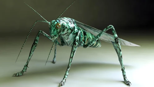 Futuristic robotic grasshopper with metallic textures in 3D art.