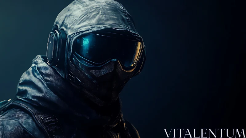 Hooded futuristic operative in reflective visor portrait.