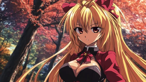 Autumn-blaze warrior girl under storms of scarlet leaves.