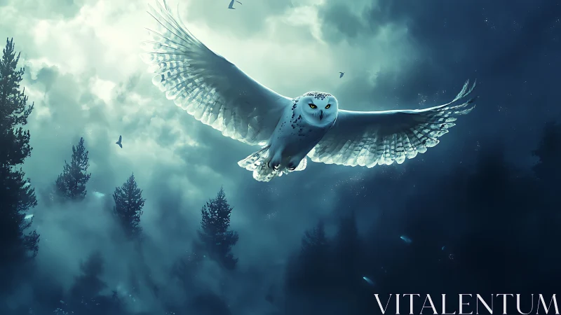 Majestic white owl flying over misty forest at night, digital art.