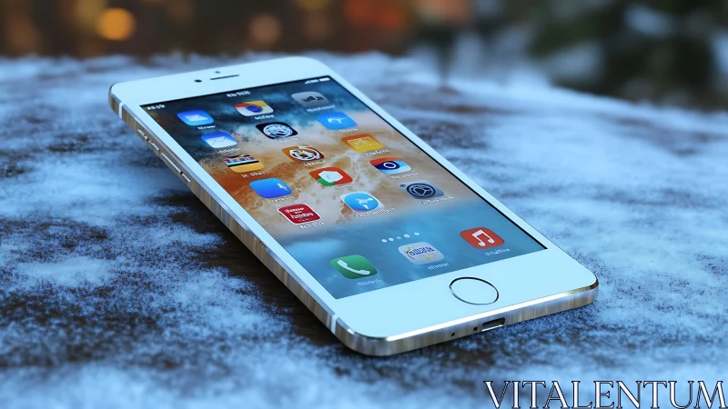 White smartphone displaying app icons on textured surface.