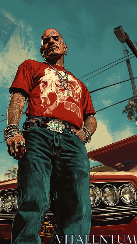 Bold lowrider owner stands proud beside classic red car