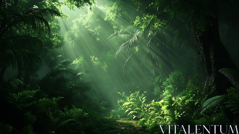 Tropical forest interior with filtered sunlight through canopy