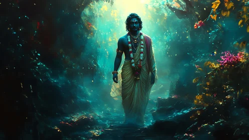 Divine blue-skinned figure walking through volumetric forest light