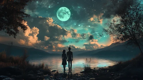 Couple Beneath Luminescent Moon Over Serene Lake
