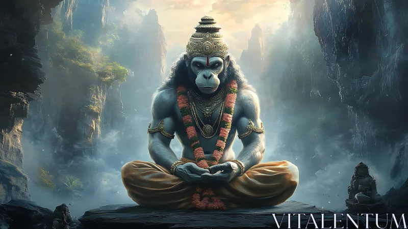 Serene monkey sage in misty canyon temple of quiet wonder.