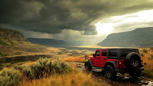 Red off road SUV overlooking stormy canyon valley landscape.