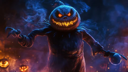 Playfully spooky pumpkin monster glowing on Halloween night.