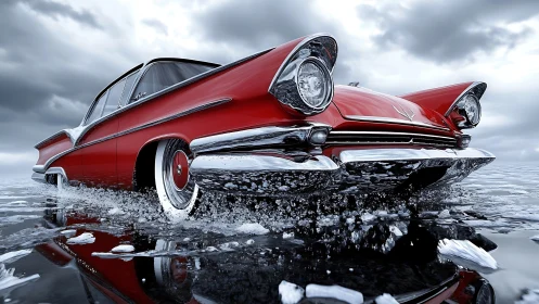 Red classic car driving through shallow icy water scene.